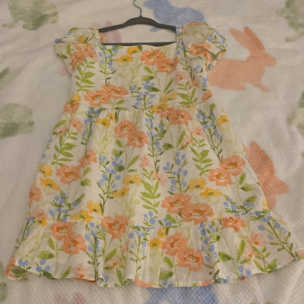 Floral Kids Dress with Orange and Green Accents